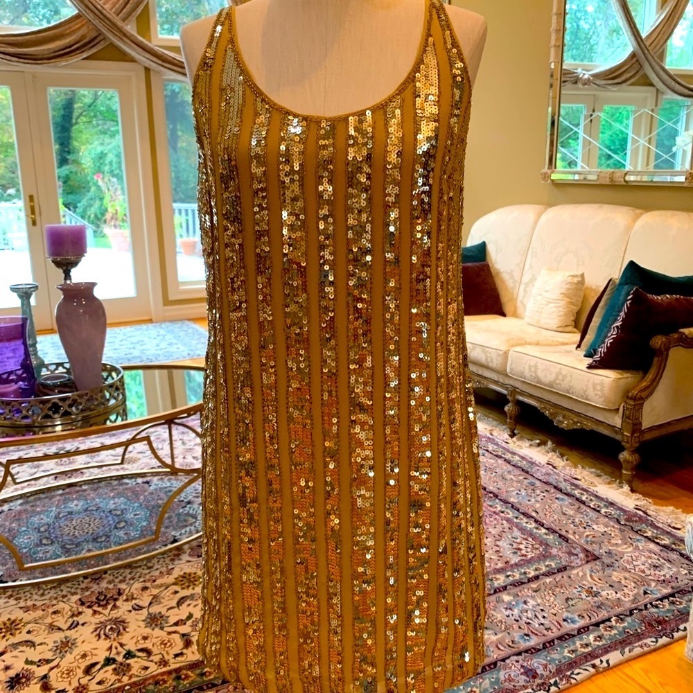 INC international Gold beaded cocktail dress